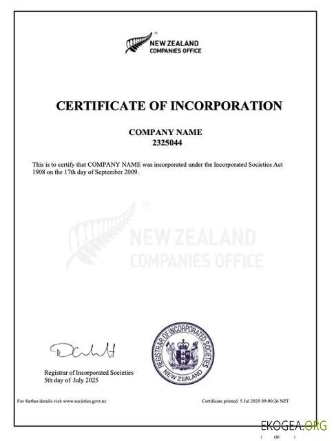 Modèle Word et PDF de certificat de constitution de Nouvelle-Zélande template